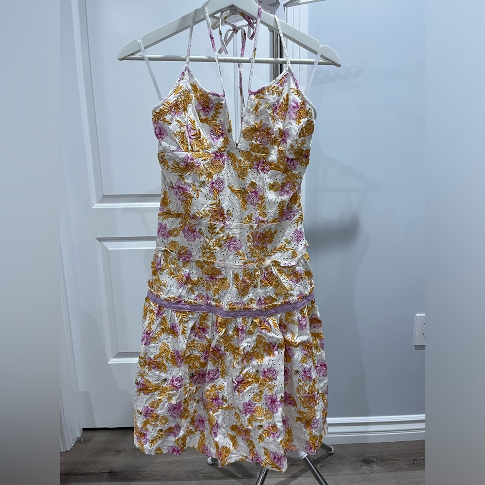 Embroidered gold & purple mini floral dress size Small